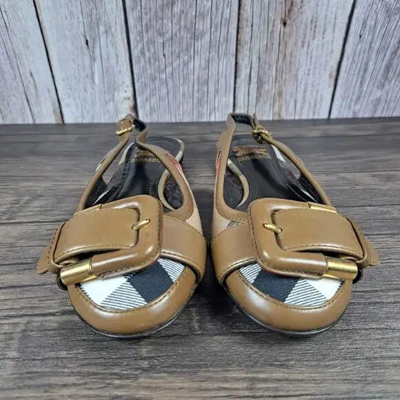 Burberry Flat Leather Sandals Brown/Plaid Slingback Novacheck Women's Sz 5.5